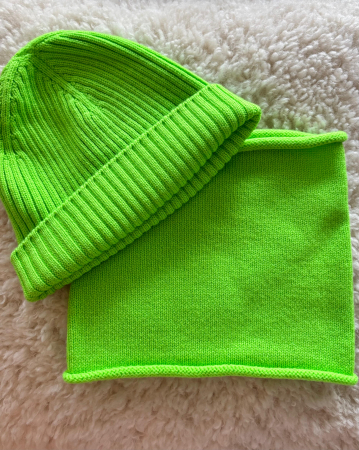 Accesorii - Set căciulă Rib și tub verde neon din lână merinos