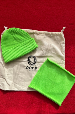 Set căciulă Rib și tub verde neon din lână merinos [2]