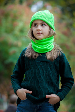 Băieți - Set căciulă Rib și tub verde neon din lână merinos