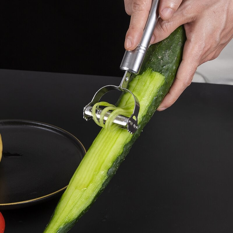 Accesorii de curatat decojit fructe legume, set 3 piese, feliator cutit decojitor, legume si fructe, din otel inoxidabil, cu maner, argintiu [3]