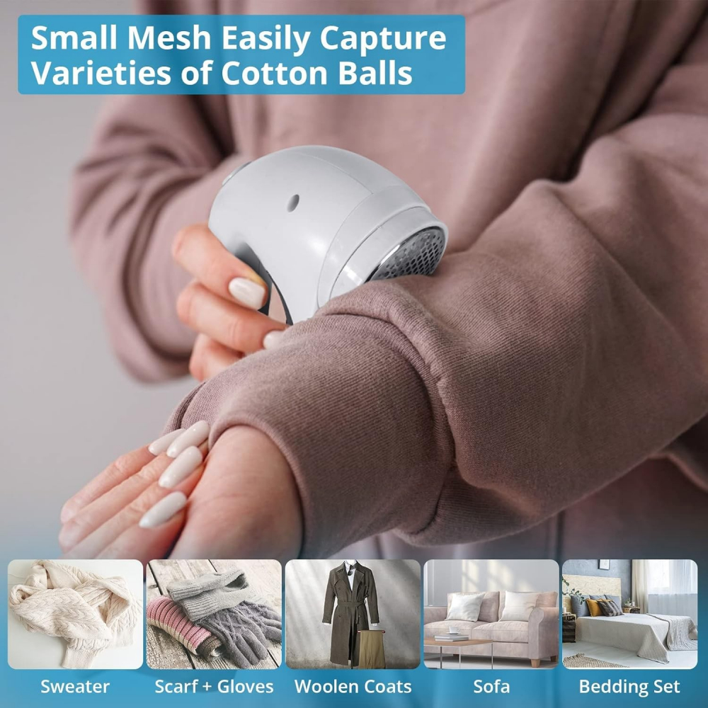 Aparat pentru curatat scame, par si praf, trimmer pentru diferite tipuri de material, cu lame din otel inoxidabil, maner ergonomic, incarcare prin usb, 15x6x9 cm, alb [10]