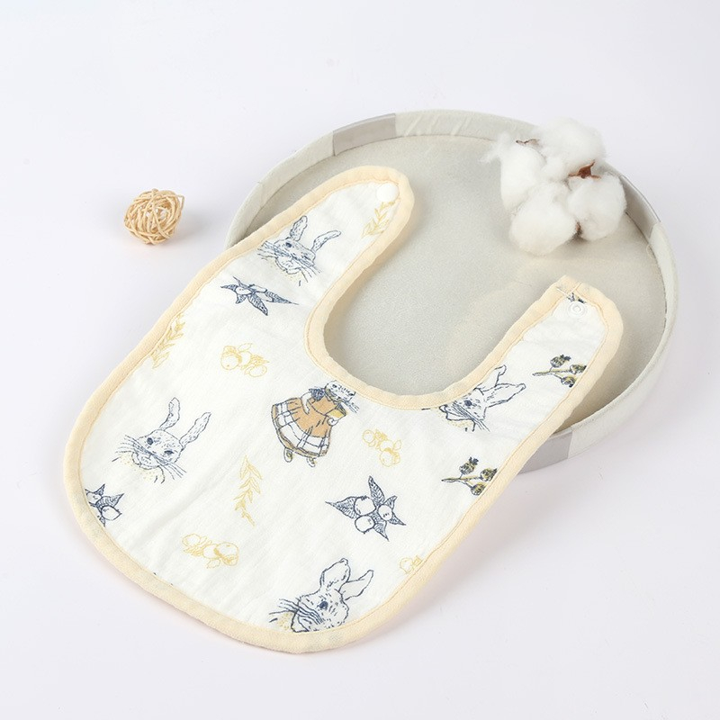 Baveta in forma de u, din bumbac, pentru copii 0-12 luni, rezistenta la apa, cu capse, model cu iepurasi, 21x30 cm, bej [2]
