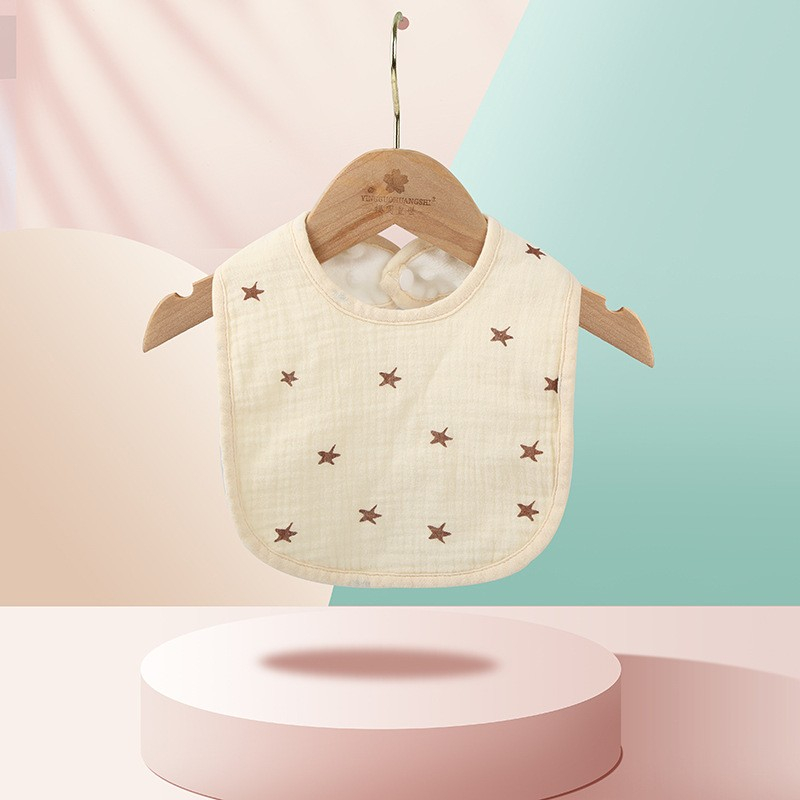 Baveta in forma de u, din bumbac, pentru copii 0-12 luni, rezistenta la apa, cu capse, model cu stelute,  21x30 cm, crem [3]