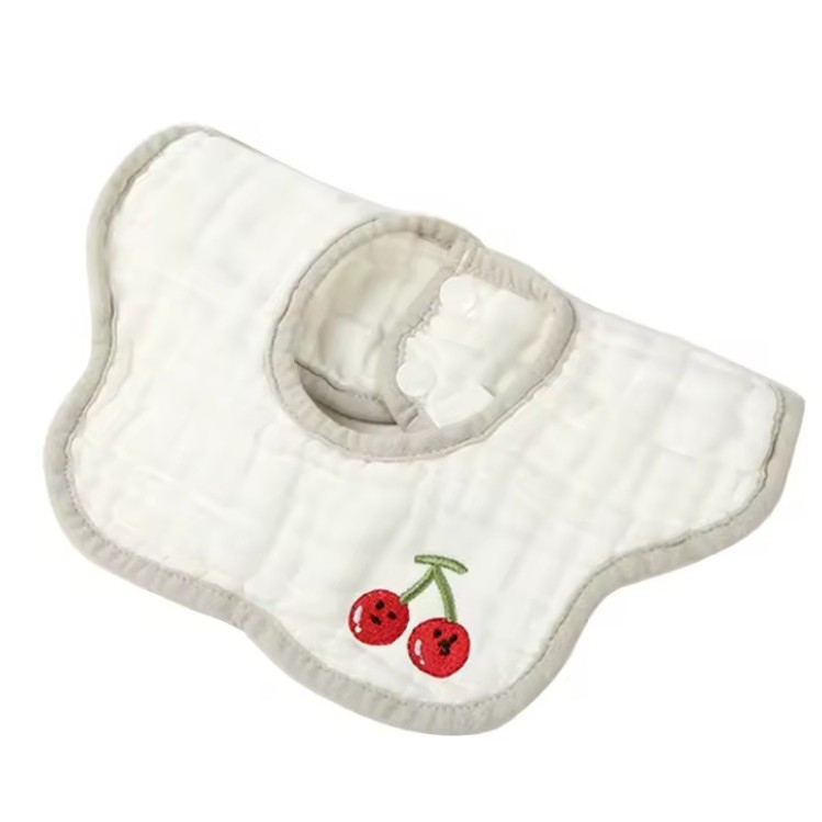 Baveta tip floare, din bumbac, pentru copii 0-12 luni, rezistenta la apa, 8 straturi, model tricotat cu cirese, 26 x 29 cm, alb [1]
