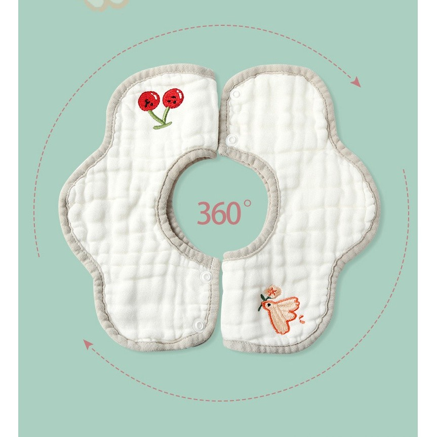 Baveta tip floare, din bumbac, pentru copii 0-12 luni, rezistenta la apa, 8 straturi, model tricotat cu cirese, 26 x 29 cm, alb [5]