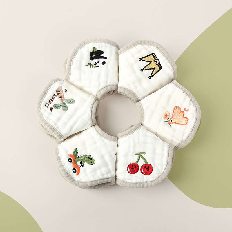 Baveta tip floare, din bumbac, pentru copii 0-12 luni, rezistenta la apa, 8 straturi, model tricotat cu elefantel, 26 x 29 cm, alb [6]
