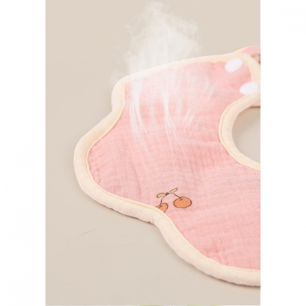 Baveta tip floare, din bumbac, pentru copii 0-12 luni, rezistenta la apa, cu capse, model cu cirese, 26 x 29 cm, roz [2]