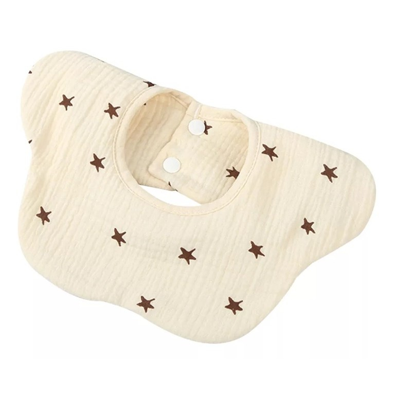 Baveta tip floare, din bumbac, pentru copii 0-12 luni, rezistenta la apa, cu capse, model cu stelute, 26 x 29 cm, crem [1]