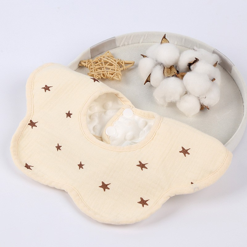 Baveta tip floare, din bumbac, pentru copii 0-12 luni, rezistenta la apa, cu capse, model cu stelute, 26 x 29 cm, crem [4]