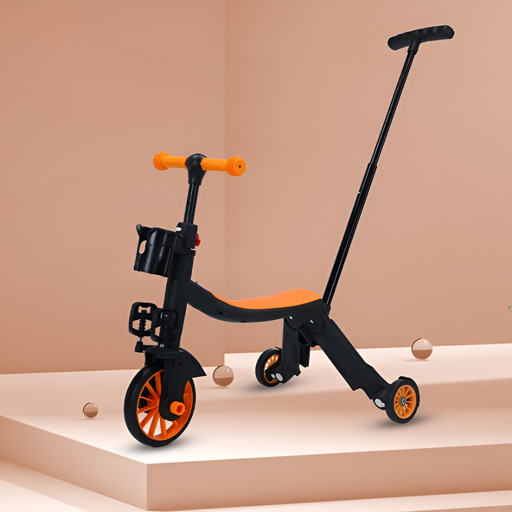 Bicicleta 8 in 1, transformabila, multifunctionala, reglare inaltime, cu maner de impingere detasabil, tricicleta, trotineta, 3 roti, pedale, cosulet, 3-6 ani, portocaliu [9]