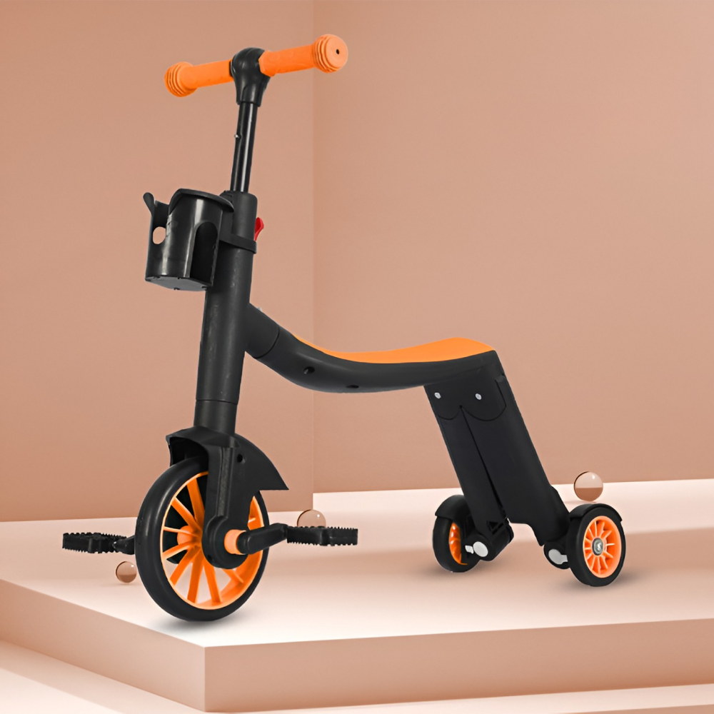 Bicicleta 8 in 1, transformabila, multifunctionala, reglare inaltime, cu maner de impingere detasabil, tricicleta, trotineta, 3 roti, pedale, cosulet, 3-6 ani, portocaliu [8]