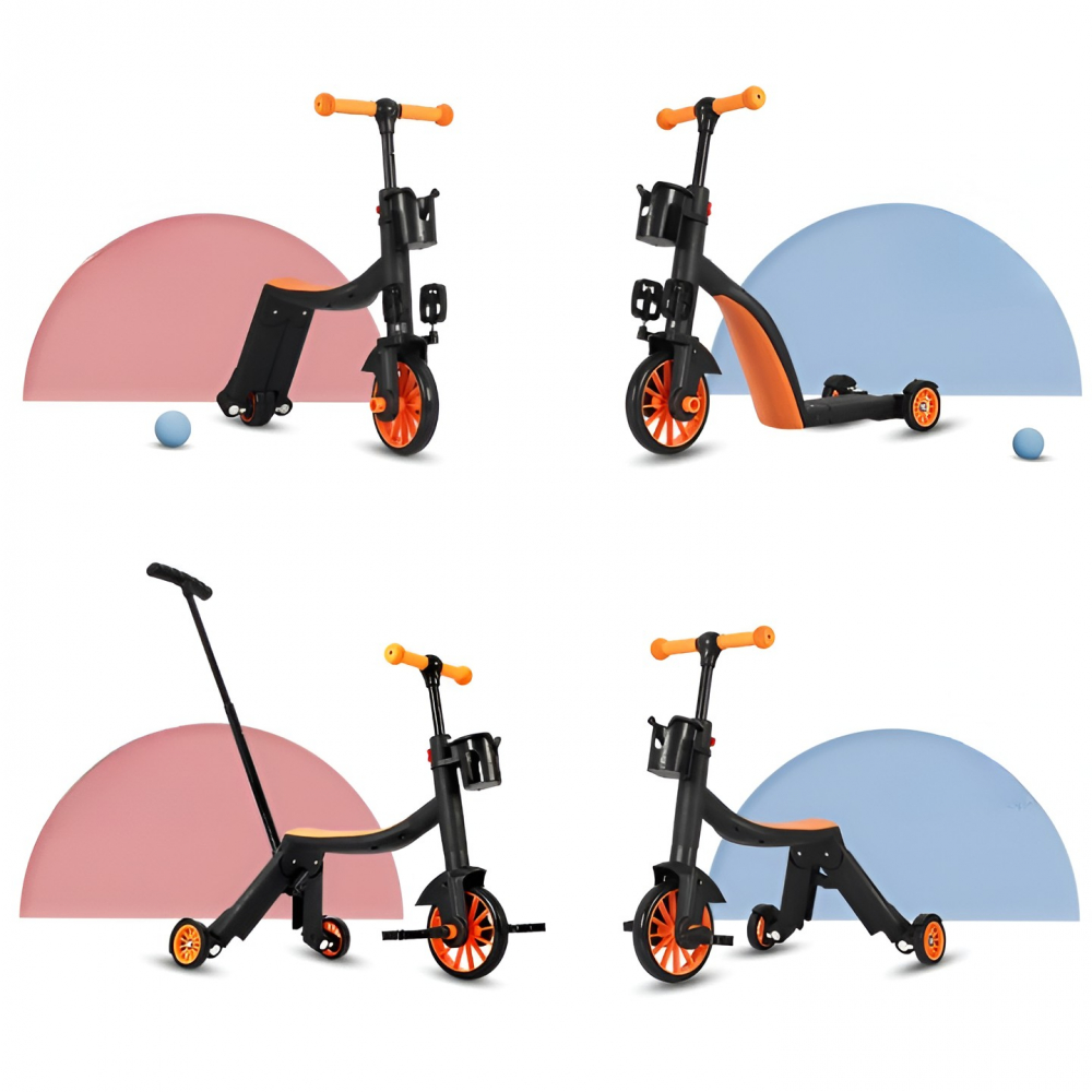 Bicicleta 8 in 1, transformabila, multifunctionala, reglare inaltime, cu maner de impingere detasabil, tricicleta, trotineta, 3 roti, pedale, cosulet, 3-6 ani, portocaliu [7]