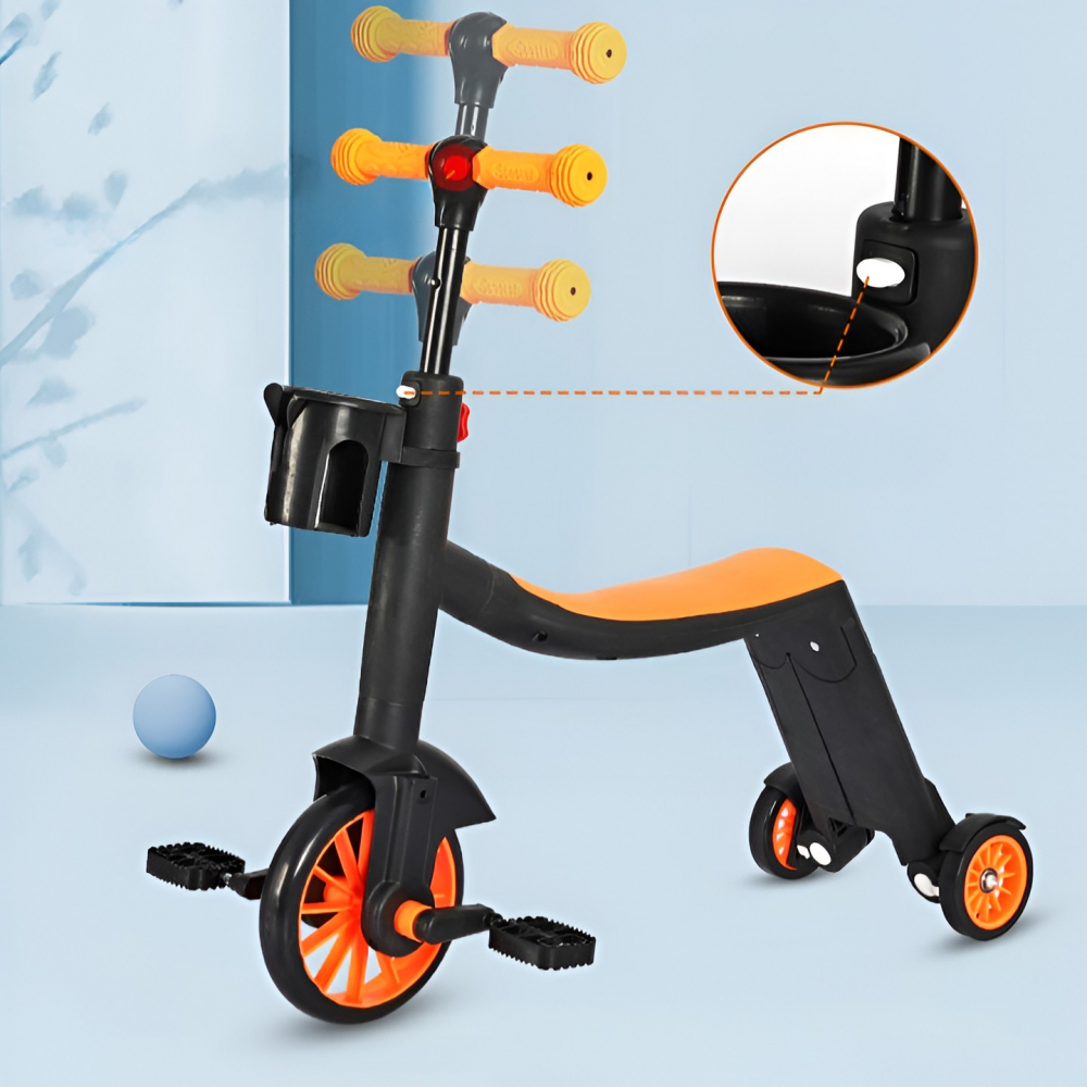 Bicicleta 8 in 1, transformabila, multifunctionala, reglare inaltime, cu maner de impingere detasabil, tricicleta, trotineta, 3 roti, pedale, cosulet, 3-6 ani, portocaliu [5]