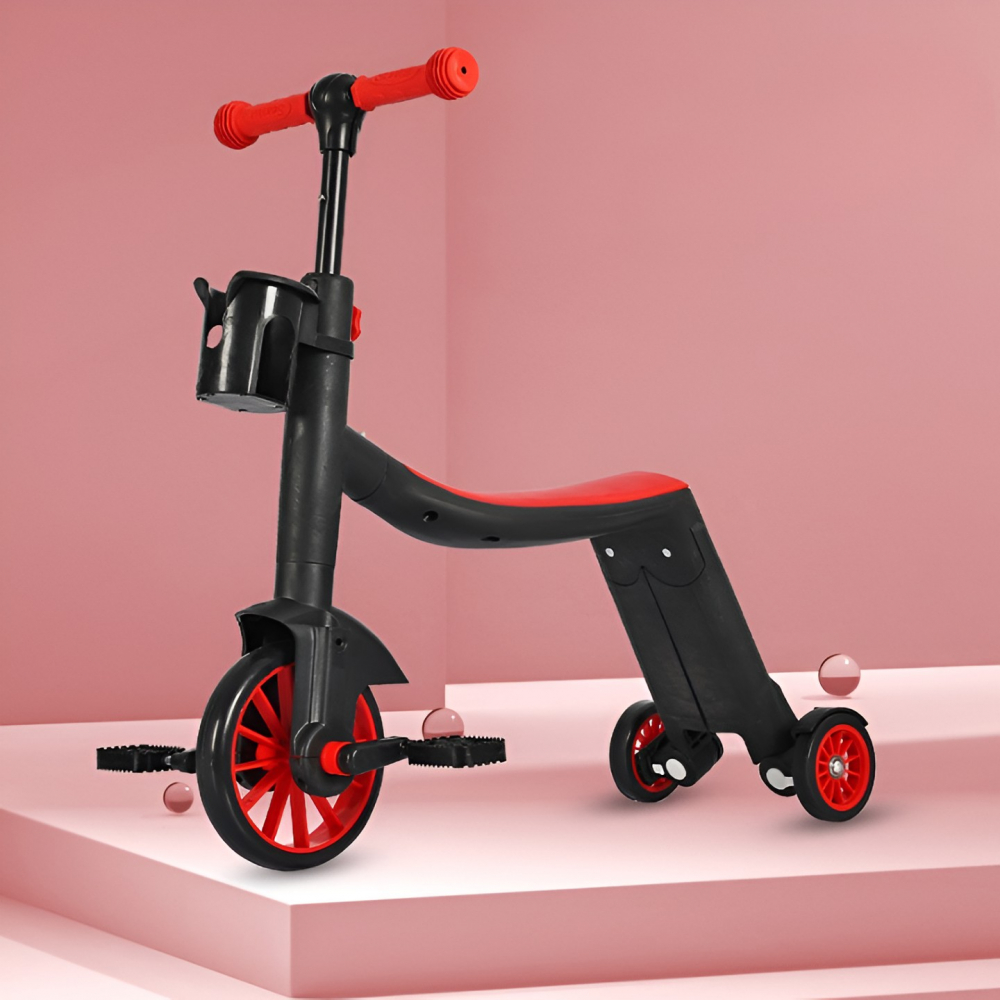 Bicicleta 8 in 1, transformabila, multifunctionala, reglare inaltime, cu maner de impingere detasabil, tricicleta, trotineta, 3 roti, pedale, cosulet, 3-6 ani, rosu [2]