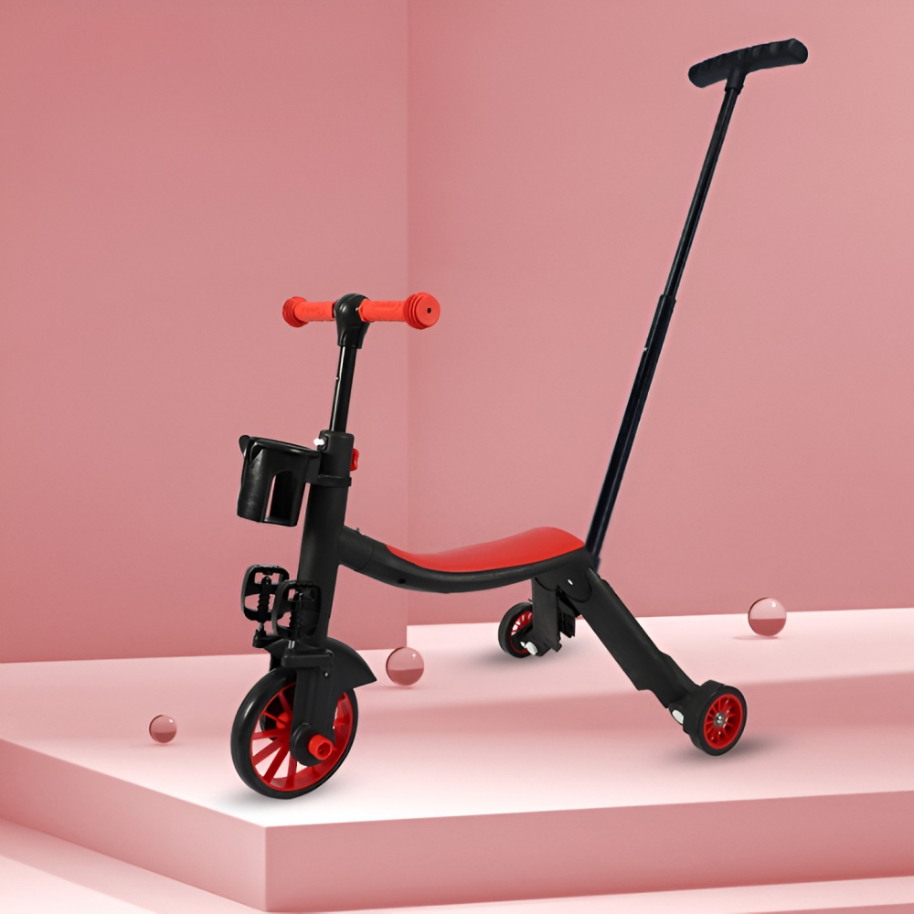 Bicicleta 8 in 1, transformabila, multifunctionala, reglare inaltime, cu maner de impingere detasabil, tricicleta, trotineta, 3 roti, pedale, cosulet, 3-6 ani, rosu [3]