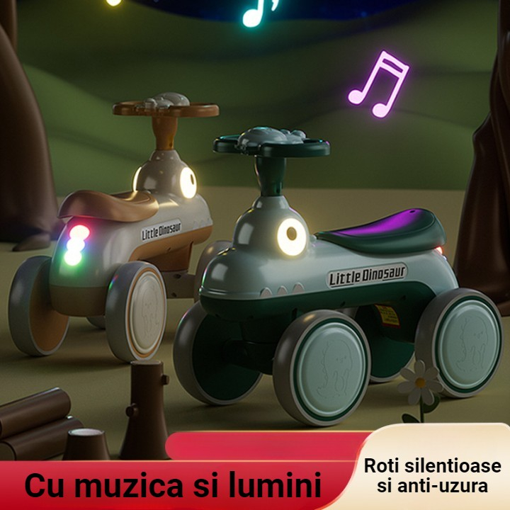 Bicicleta pentru copii, fara pedale, cu patru roti, din plastic rezistent, fara bpa, cu muzica si lumini, model dinozaur, 50x27x40 cm, verde [5]