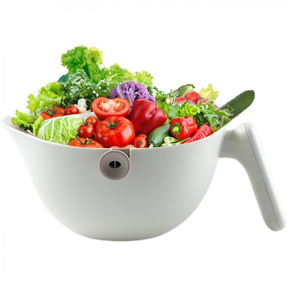 Bol cu doua straturi, pentru fructe, legume, cu cos de scurgere a apei, 2l, din abs+pp, 29.9 x 22.5 x 11.8 cm, alb - gri [4]