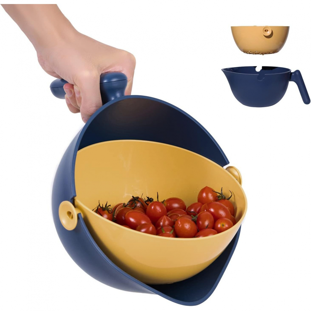 Bol cu doua straturi, pentru fructe, legume, cu cos de scurgere a apei, 2l, din abs+pp, 29.9 x 22.5 x 11.8 cm, albastru-portocaliu [4]