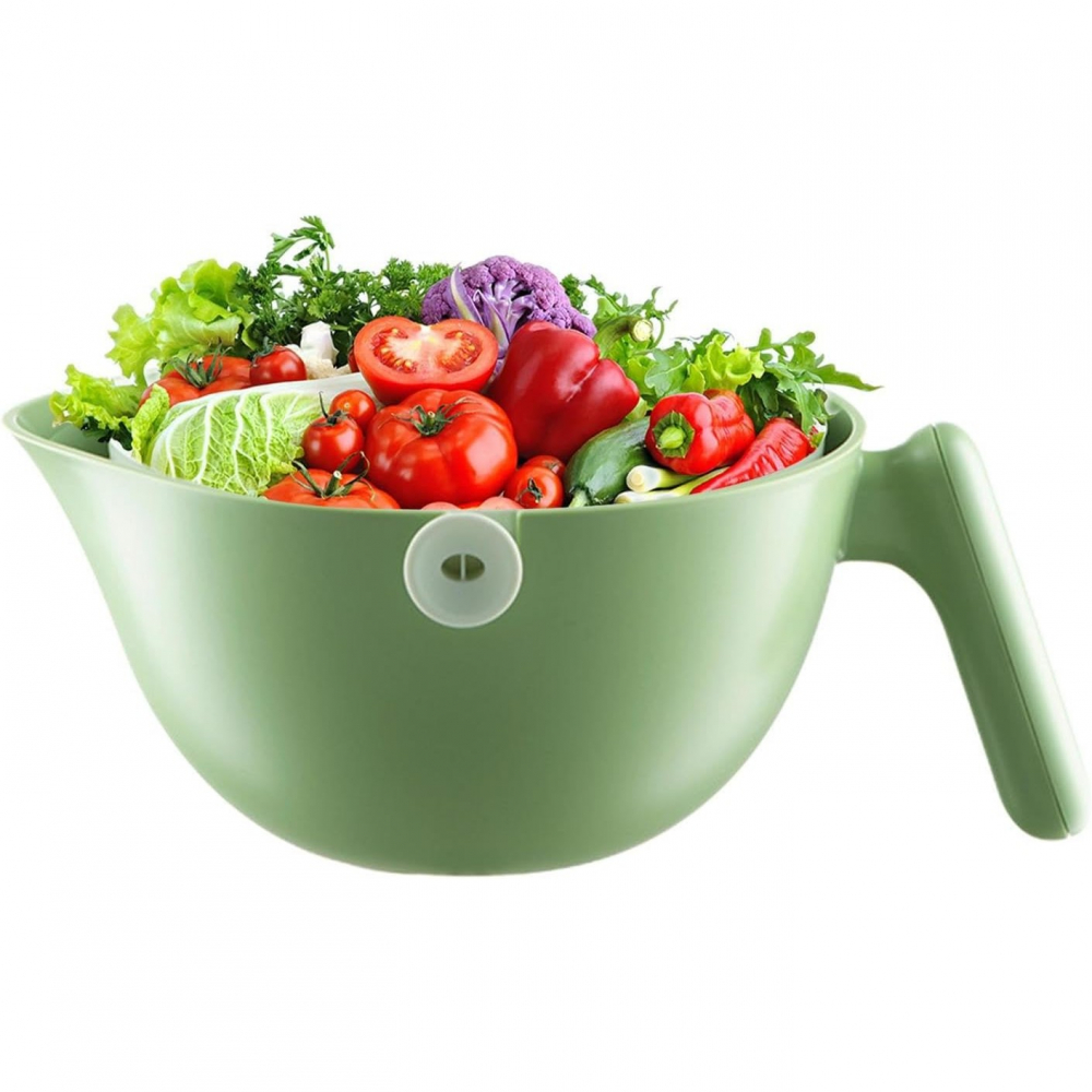 Bol cu doua straturi, pentru fructe, legume, cu cos de scurgere a apei, 2l, din abs+pp, 29.9 x 22.5 x 11.8 cm, verde-alb [6]