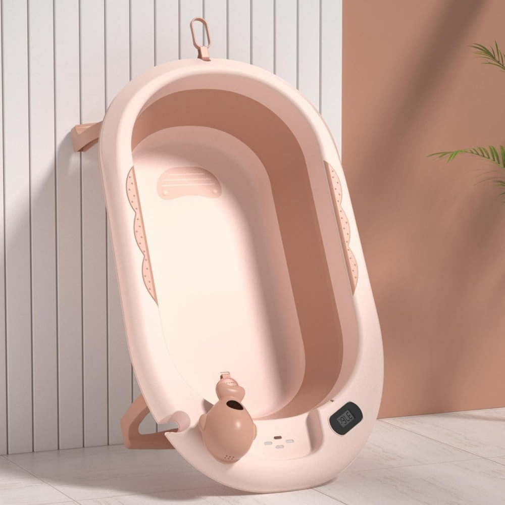 Cada de baie, pentru copii 0 luni - 6 ani, cu termometru, pliabila, perna suport inclusa, din plastic, 81.5 x 49 x 21.5 cm, roz [3]