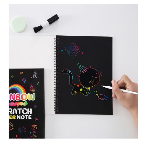 Caiet cu foi de hartie de razuit, cu un stilou din bambus, pentru desen, curcubeu, 19 x 26 cm, negru [2]