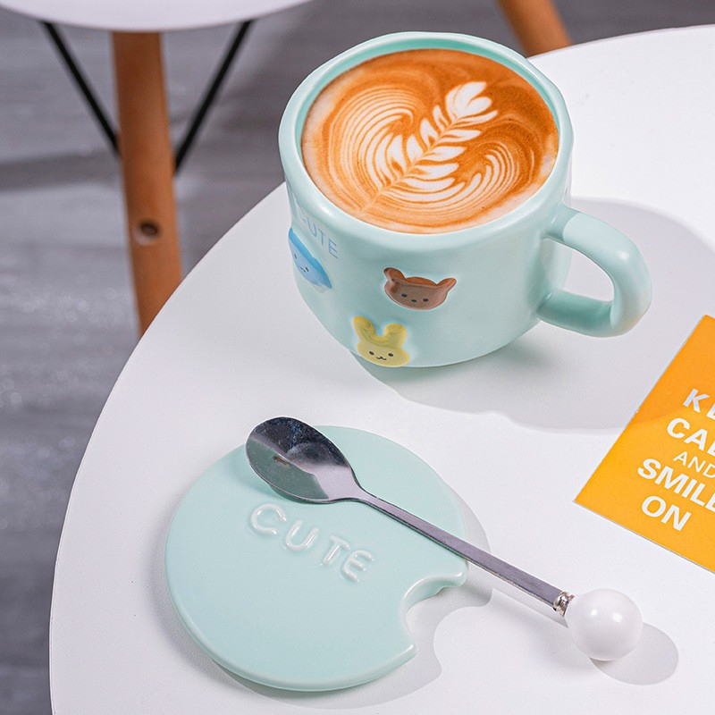 Cana ceramica, din portelan, print figurine animalute, cana penru copii, model cute, cana cu lingura si capac, ceasca pentru cafea, ceai, 400ml albastru [3]