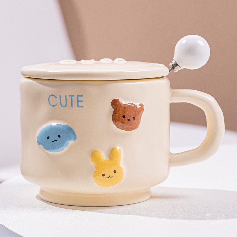 Cana ceramica, din portelan, print figurine animalute, cana penru copii, model cute, cana cu lingura si capac, ceasca pentru cafea, ceai, 400ml galben [1]