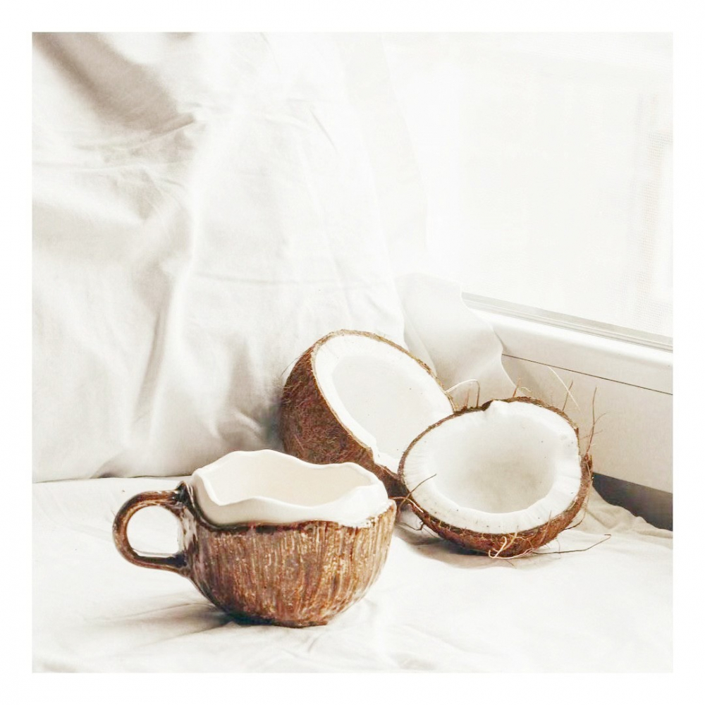 Cana din ceramica, 201-300 ml, cu lingurita, model nuca de cocos, maro [8]
