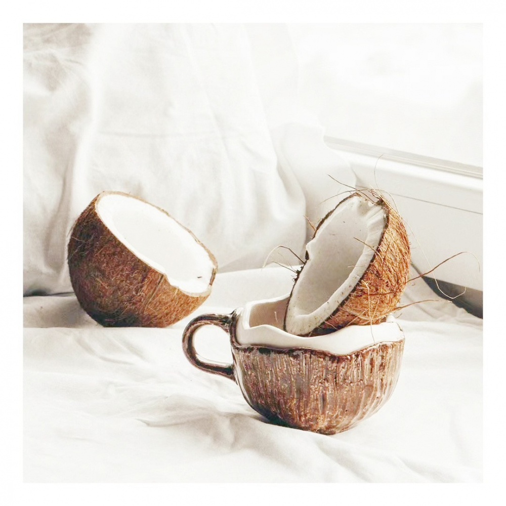 Cana din ceramica, 201-300 ml, cu lingurita, model nuca de cocos, maro [7]