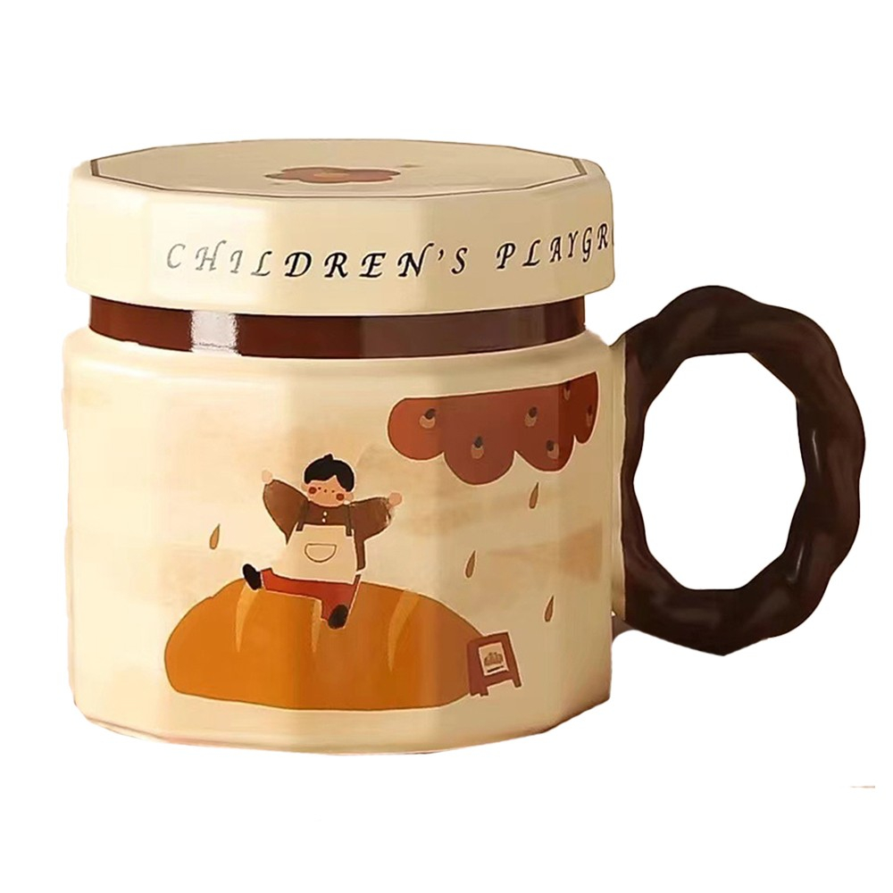 Cana din ceramica, cana pentru cafea, ceai, cana universala, unisex, cana cu capac, 9 x 8 x 8 cm, 400 ml, model baietel bej [1]