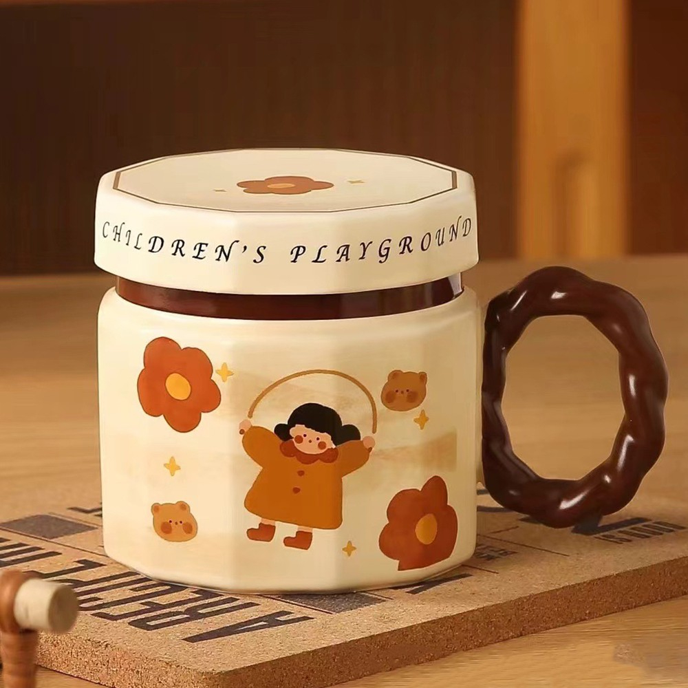 Cana din ceramica, cana pentru cafea, ceai, cana universala, unisex, cana cu capac, 9 x 8 x 8 cm, 400 ml, model fetita cu coarda, bej [2]