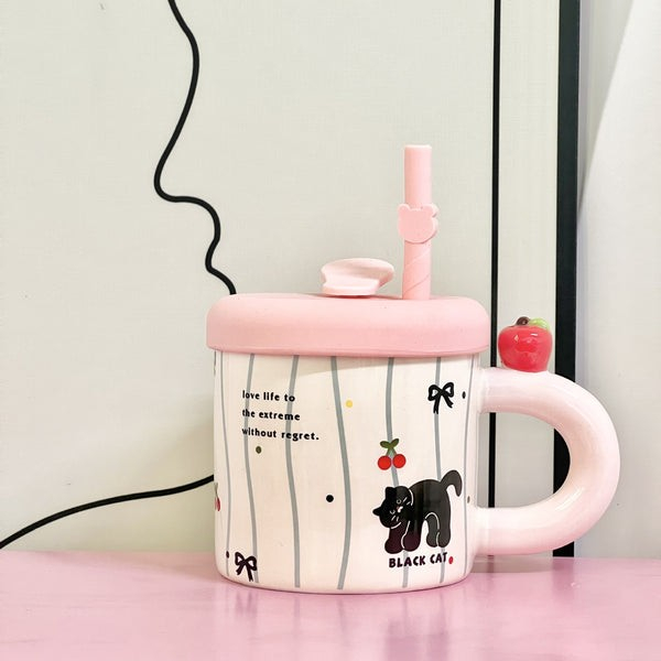 Cana din ceramica cu capac si pai, capacul si paiul din silicon roz, 9x8.5 cm, model cute a, capacitate 380ml [3]