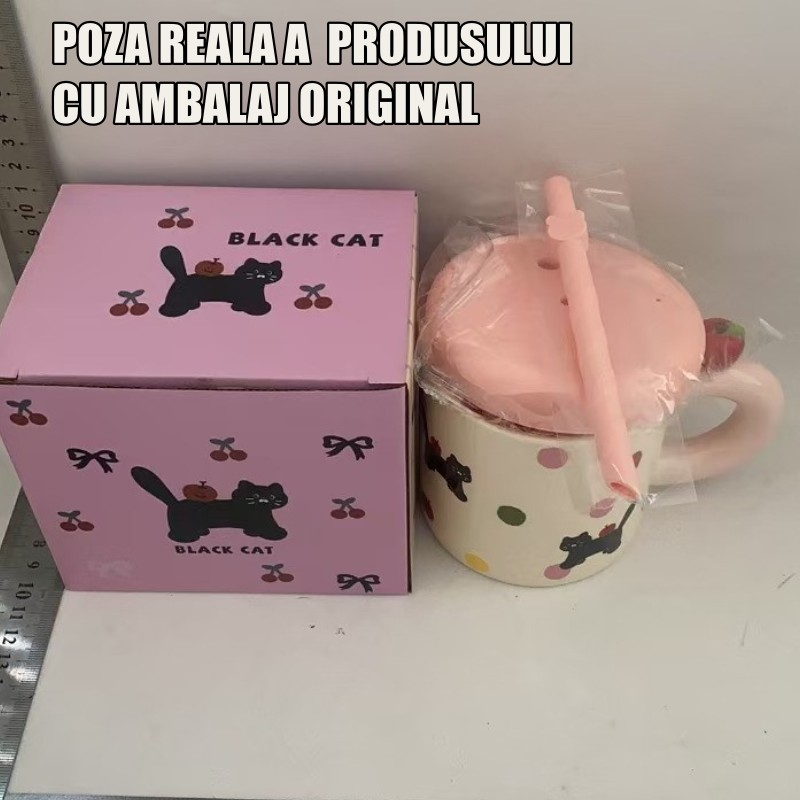 Cana din ceramica cu capac si pai, capacul si paiul din silicon roz, 9x8.5 cm, model cute b, capacitate 380ml [3]
