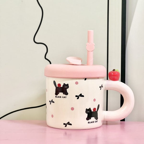 Cana din ceramica cu capac si pai, capacul si paiul din silicon roz, 9x8.5 cm, model cute c, capacitate 380ml [5]
