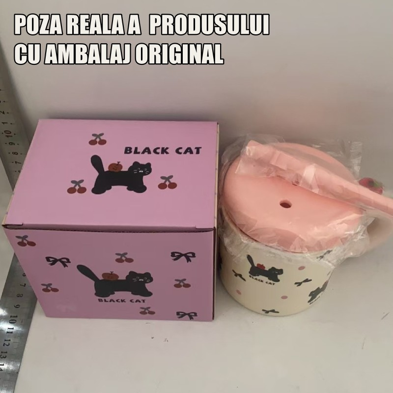 Cana din ceramica cu capac si pai, capacul si paiul din silicon roz, 9x8.5 cm, model cute c, capacitate 380ml [4]