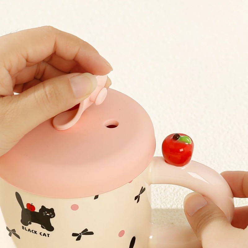 Cana din ceramica cu capac si pai, capacul si paiul din silicon roz, 9x8.5 cm, model cute c, capacitate 380ml [2]