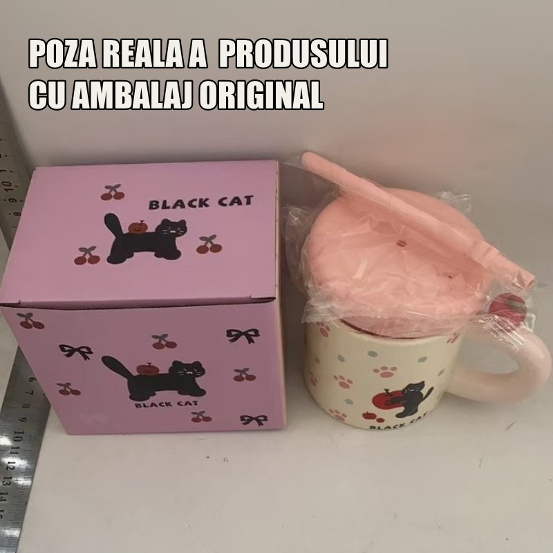 Cana din ceramica cu capac si pai, capacul si paiul din silicon roz, 9x8.5 cm, model cute d, capacitate 380ml [4]