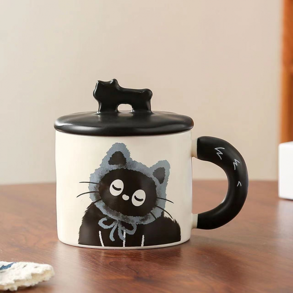 Cana din ceramica, model in cutie pentru cadou, cana pentru ceai, cafea, cana retro design capac cu figurina 3d, 9.5 x 8 x 8 cm, 360 ml, bej, print pisica albastru negru [2]