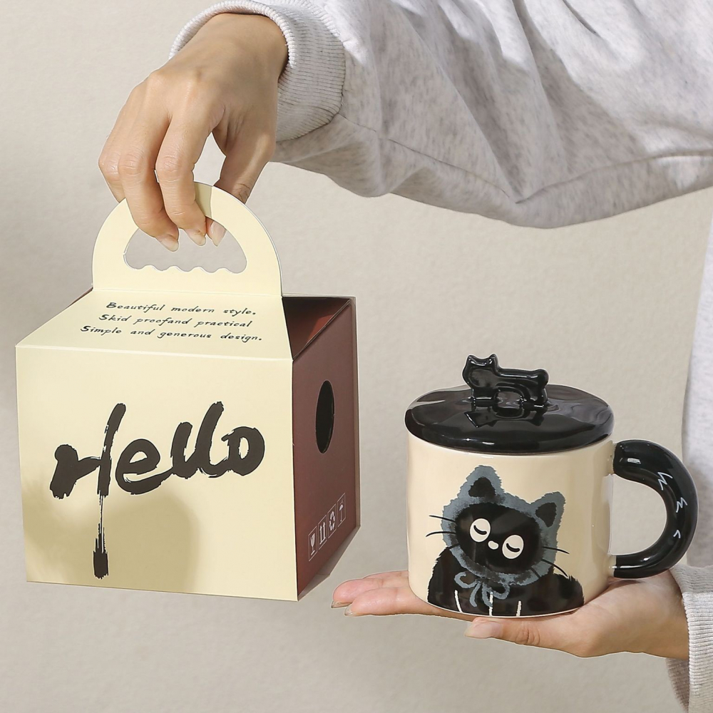 Cana din ceramica, model in cutie pentru cadou, cana pentru ceai, cafea, cana retro design capac cu figurina 3d, 9.5 x 8 x 8 cm, 360 ml, bej, print pisica albastru negru [3]