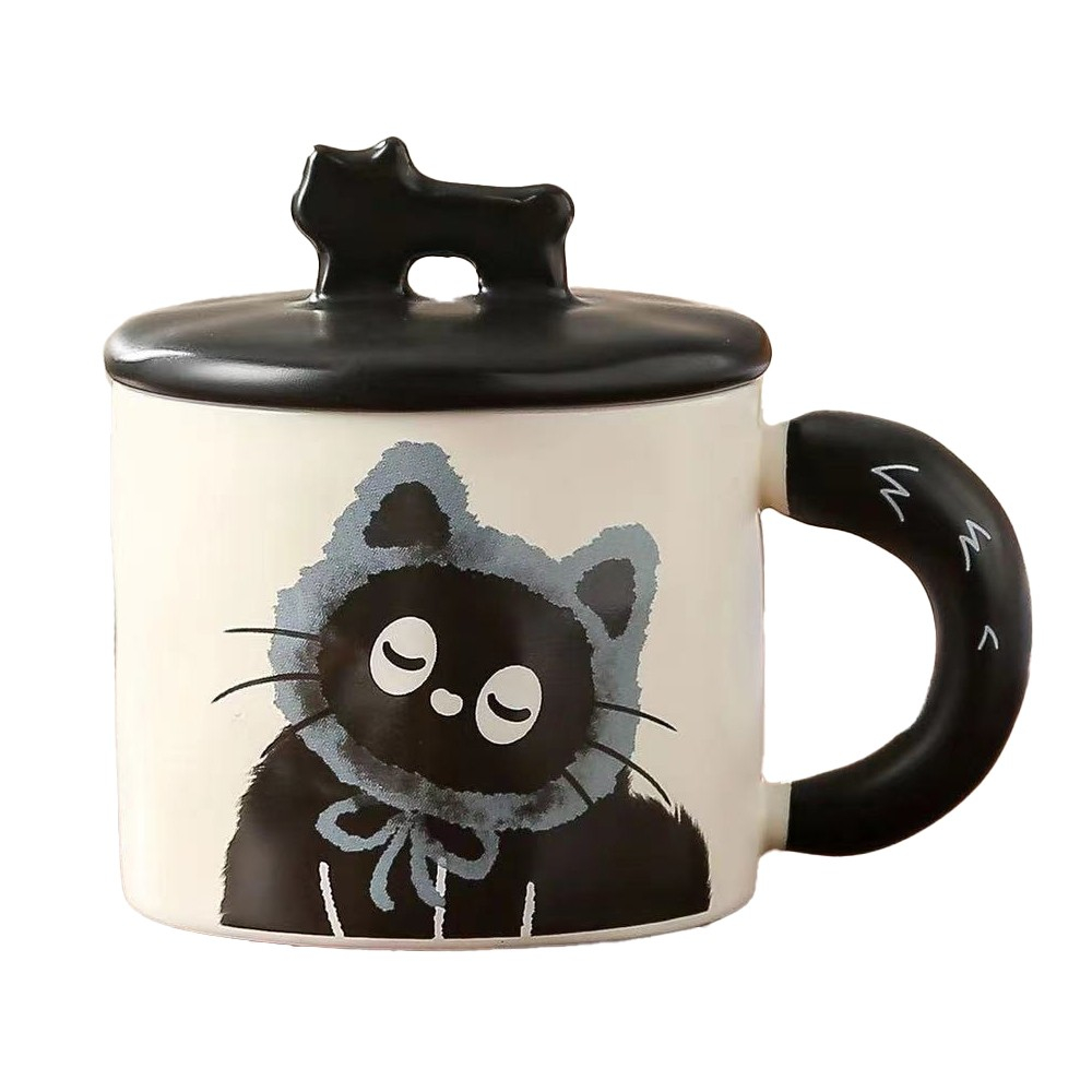 Cana din ceramica, model in cutie pentru cadou, cana pentru ceai, cafea, cana retro design capac cu figurina 3d, 9.5 x 8 x 8 cm, 360 ml, bej, print pisica albastru negru [1]