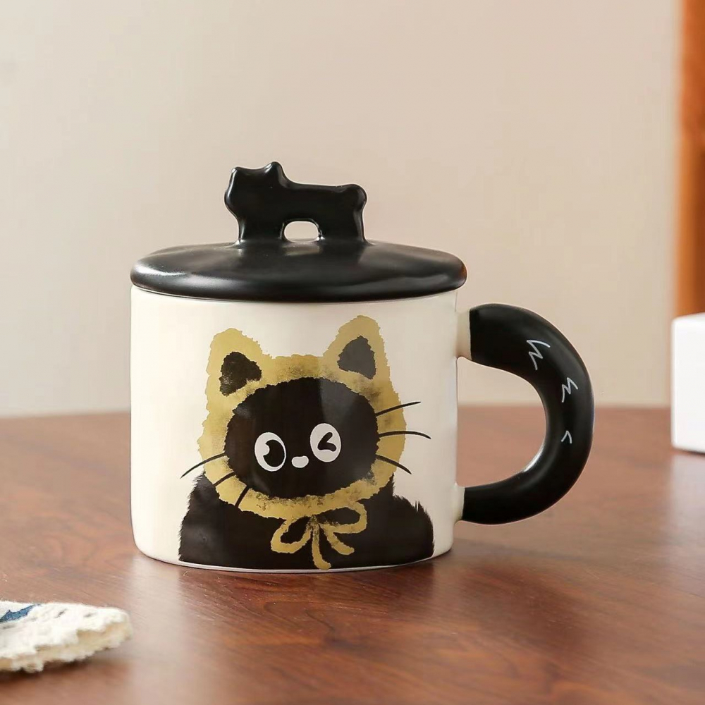 Cana din ceramica, model in cutie pentru cadou, cana pentru ceai, cafea, cana retro design capac cu figurina 3d, 9.5 x 8 x 8 cm, 360 ml, bej, print pisica galben negru [2]