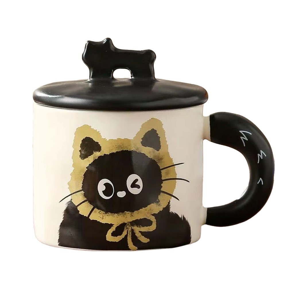 Cana din ceramica, model in cutie pentru cadou, cana pentru ceai, cafea, cana retro design capac cu figurina 3d, 9.5 x 8 x 8 cm, 360 ml, bej, print pisica galben negru [1]