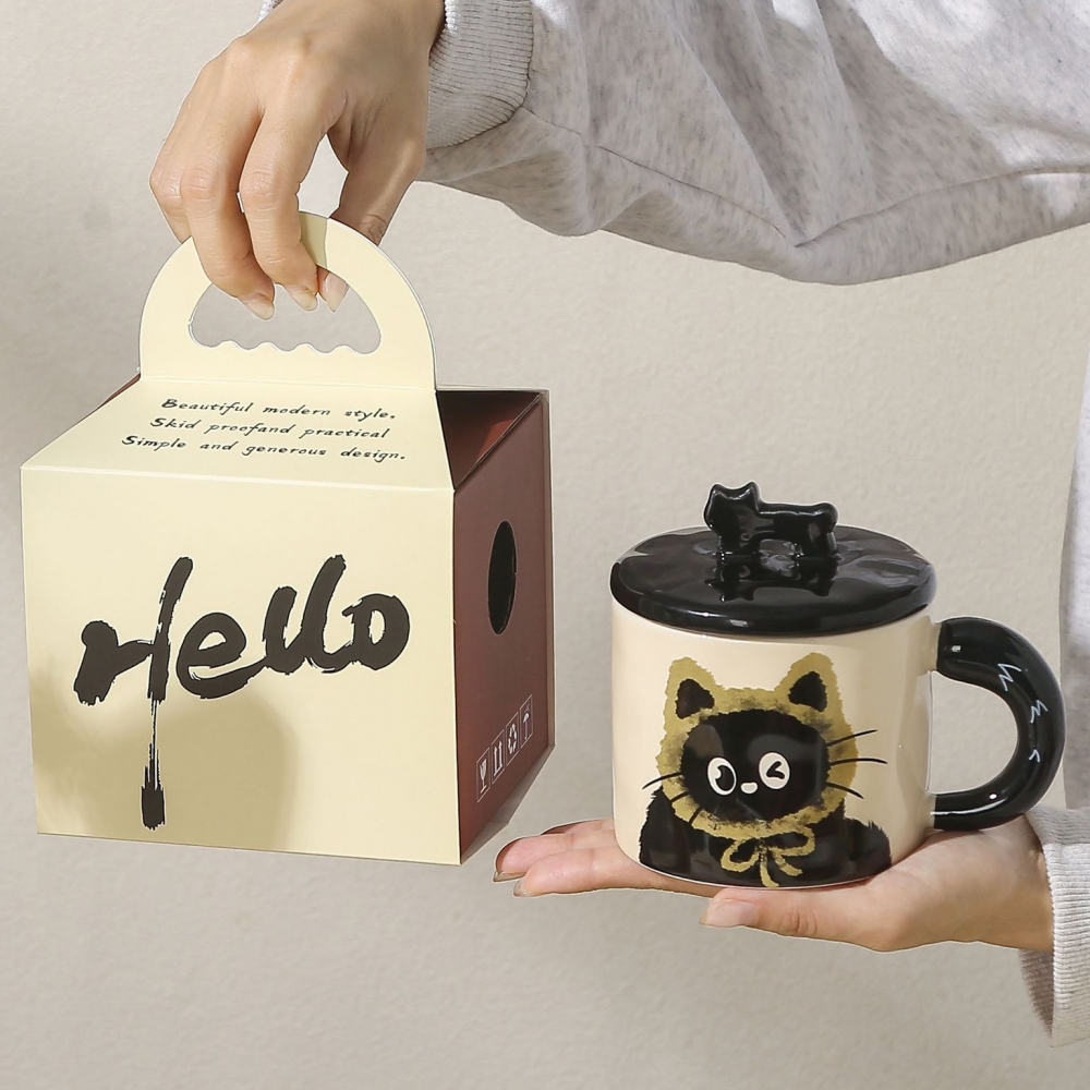 Cana din ceramica, model in cutie pentru cadou, cana pentru ceai, cafea, cana retro design capac cu figurina 3d, 9.5 x 8 x 8 cm, 360 ml, bej, print pisica galben negru [3]