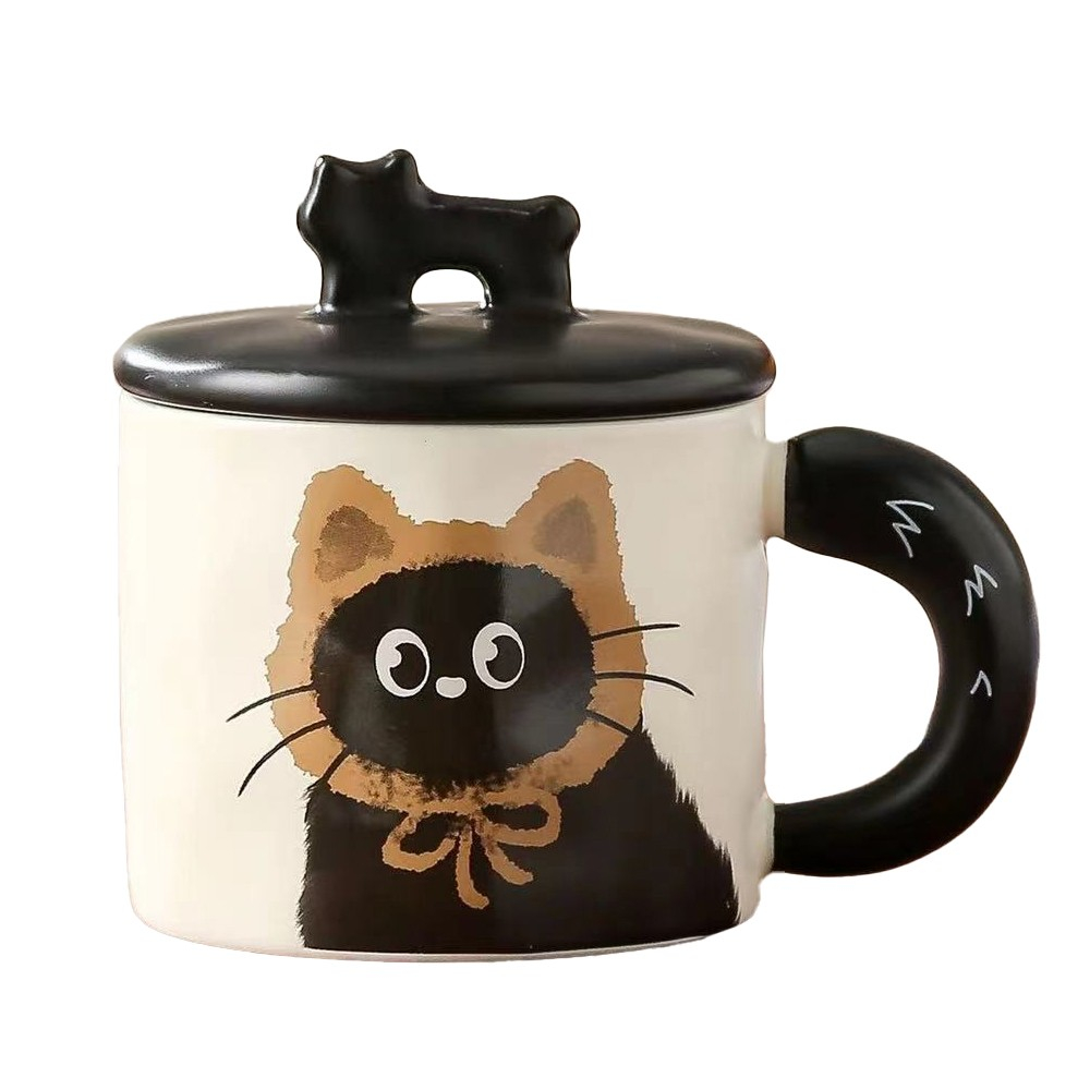 Cana din ceramica, model in cutie pentru cadou, cana pentru ceai, cafea, cana retro design capac cu figurina 3d, 9.5 x 8 x 8 cm, 360 ml, bej, print pisica maro negru [1]