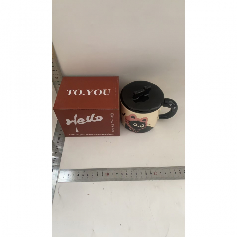 Cana din ceramica, model in cutie pentru cadou, cana pentru ceai, cafea, cana retro design capac cu figurina 3d, 9.5 x 8 x 8 cm, 360 ml, bej, print pisica roz negru [4]