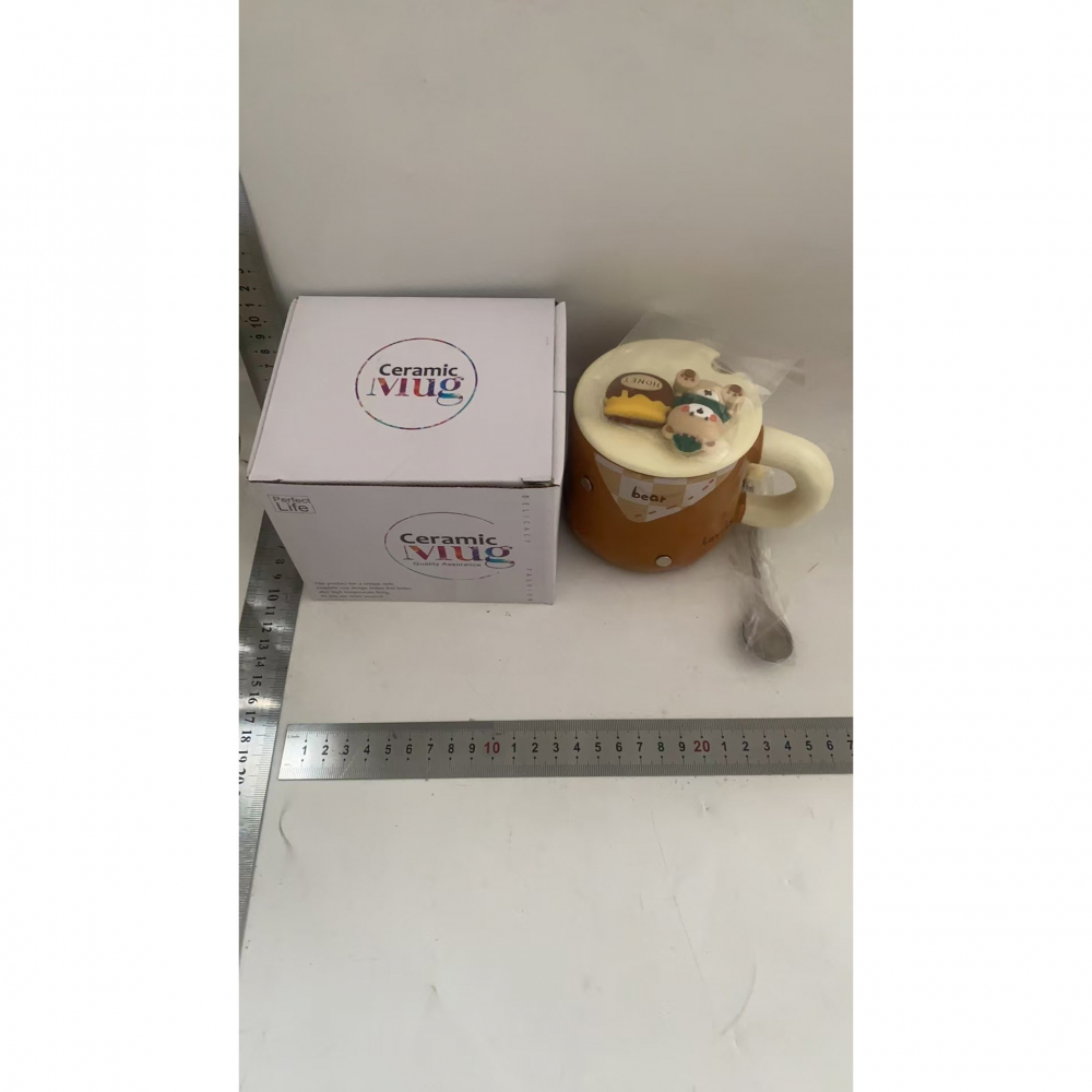 Cana din ceramica, model urs pentru baieti, cana universala, cana pentru ceai, cana cu lingura metalica si capac, 9.6 x 9.5 x 9.5 cm, 400 ml maro [3]