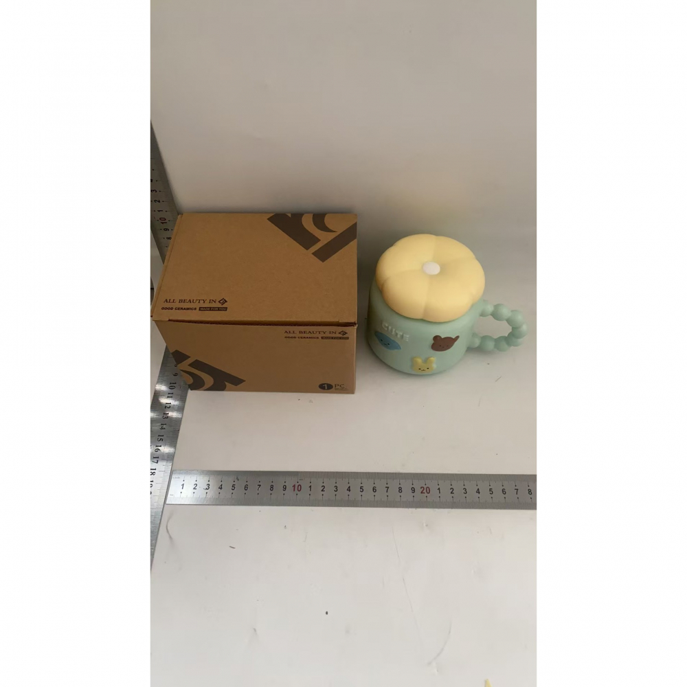 Cana pentru copii, din portelan, print figurine animalute, model cute, cana cu capac, ceasca pentru cafea, ceai, 400ml albastru deschis [2]