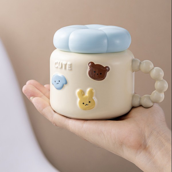 Cana pentru copii, din portelan, print figurine animalute, model cute, cana cu capac, ceasca pentru cafea, ceai, 400ml galben deschis [3]