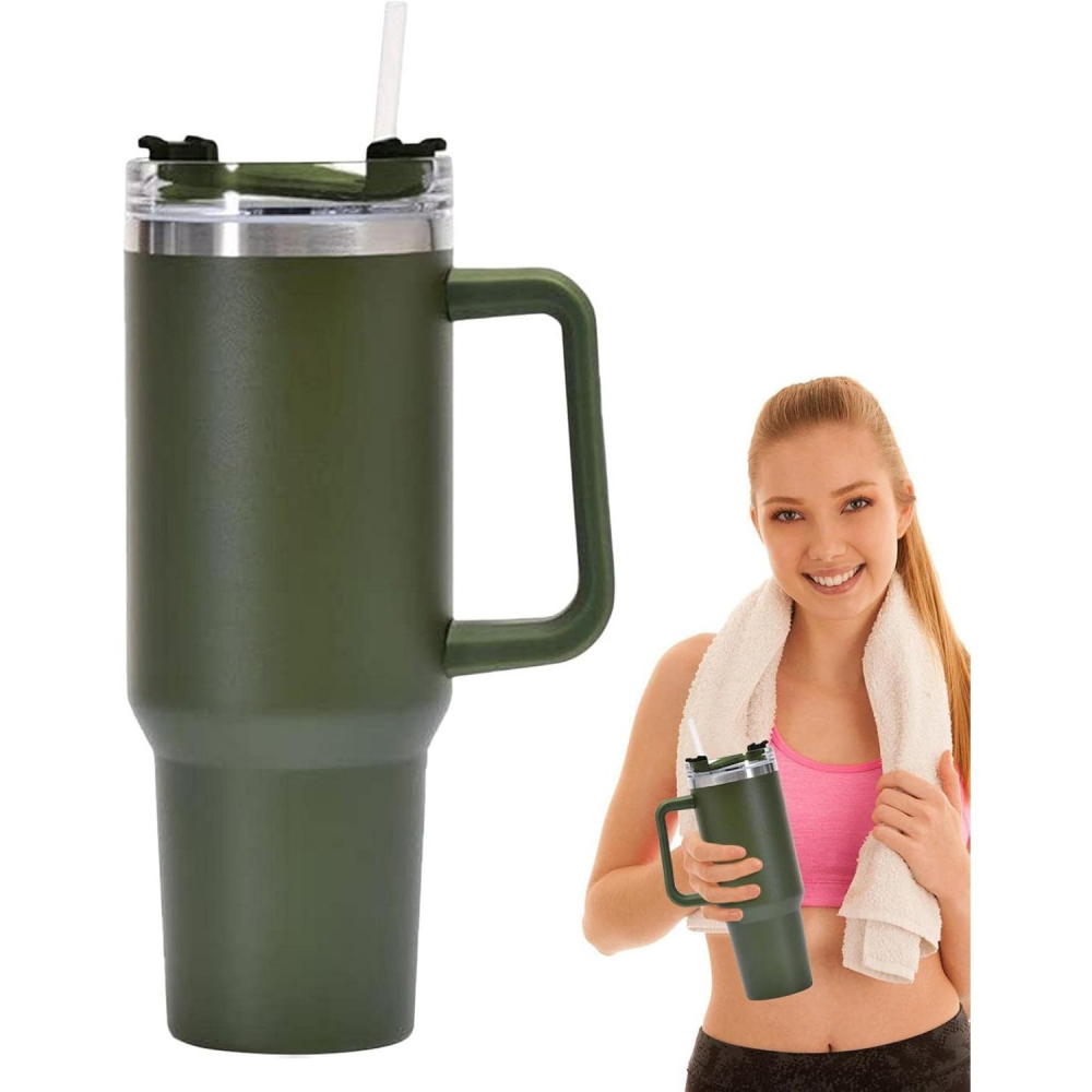 Cana termos din plastic, pentru bauturi calde si reci, cu maner, 9.9x9.9x27 cm, verde army [8]