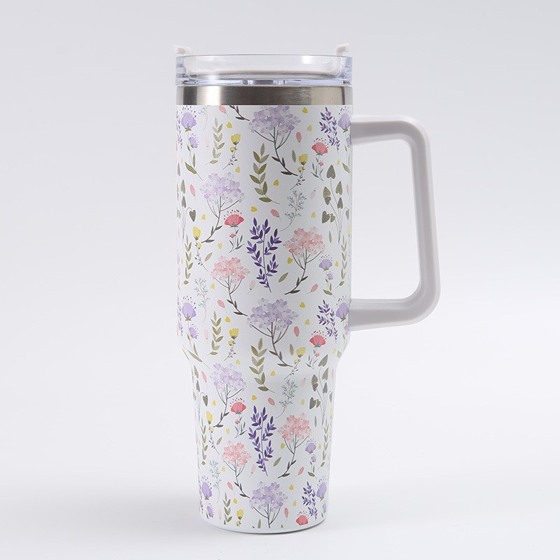 Cana termos din plastic, pentru bauturi calde si reci, cu maner, imprimeu floral,  alb, 10x7.6x27.5 cm [6]